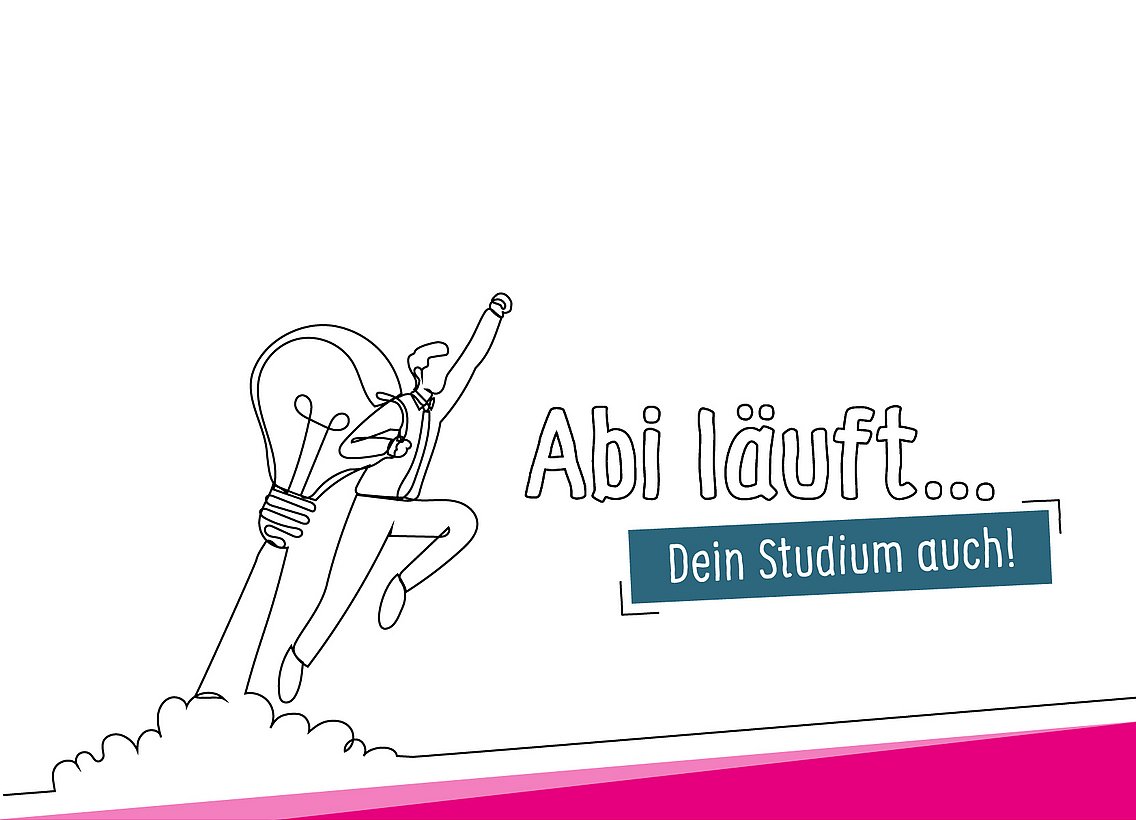 Line-Art: Eine männliche Figur trägt eine Art Rucksack in Glühbirnenform, die als Düsenantrieb fungiert und die Figur nach oben befördert