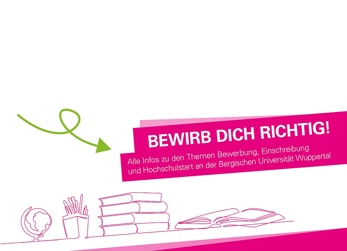 Globus, Stiftebox und Bücher in pinker Linienart vor weißem Hintergrund