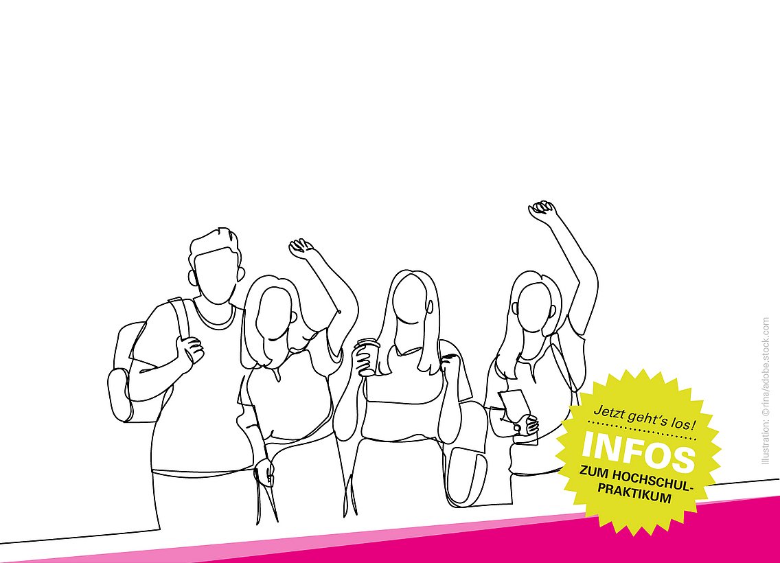 Line-Art: Vier junge Personen strahlen Freude aus, weil sie sich auf ihr Hochschulpraktikum freuen