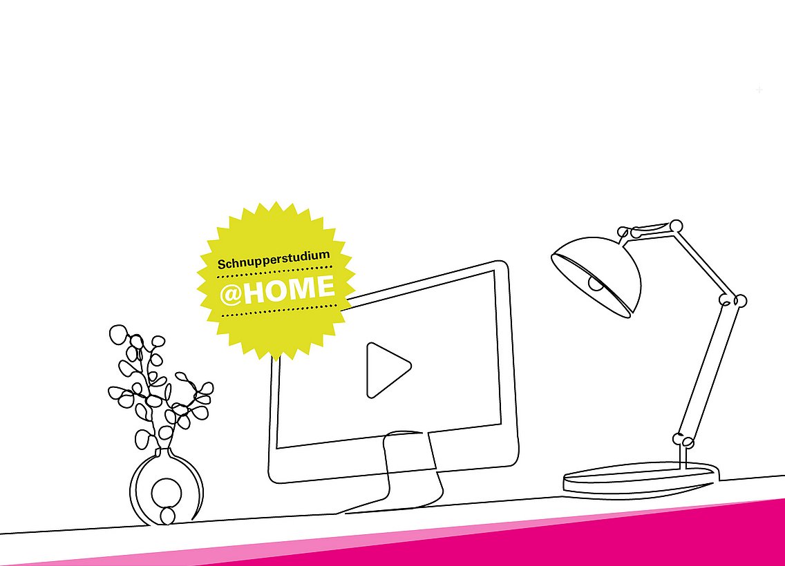 Line-Art: Eine Linie symbolisiert eine Art Schreibtisch. Auf diesem steht ganz links eine Vase, in der Mitte ein Bildschirm mit Play-Button und ganz rechts eine Schreibtischlampe